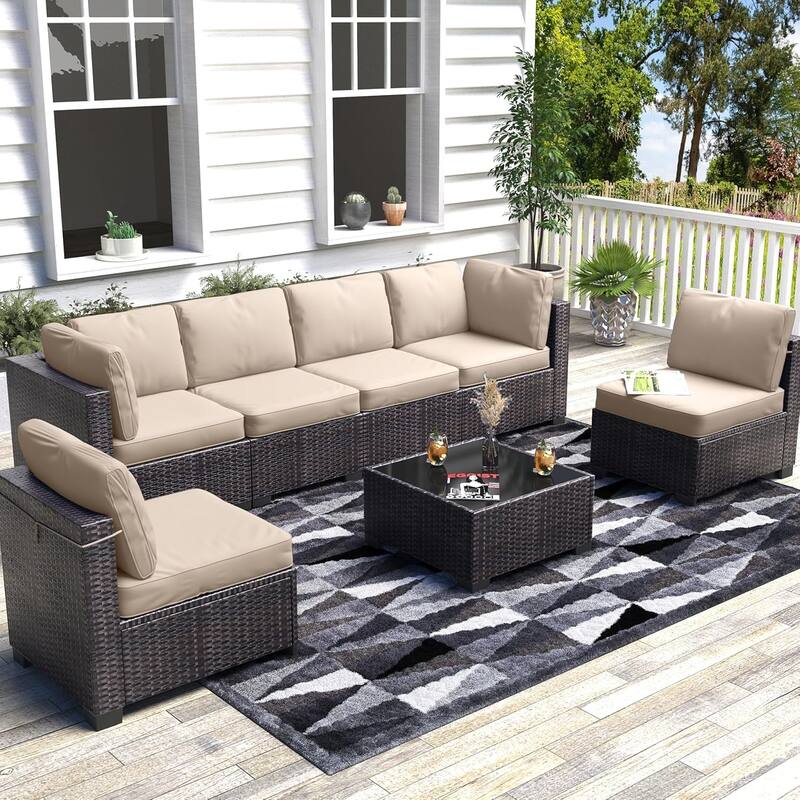 7 Piece PE Rattan Patio Conversation Set, All Weather Wicker Outdoor - Beige