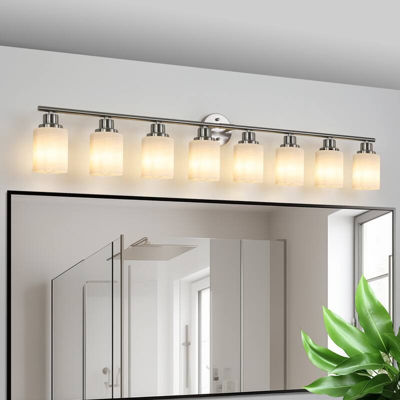52" Modern 8-Light Vanity Wall Sconce,with Frosted Glass Shades for Bathroom or Hallway Lighting (No Bulbs) - Chrome