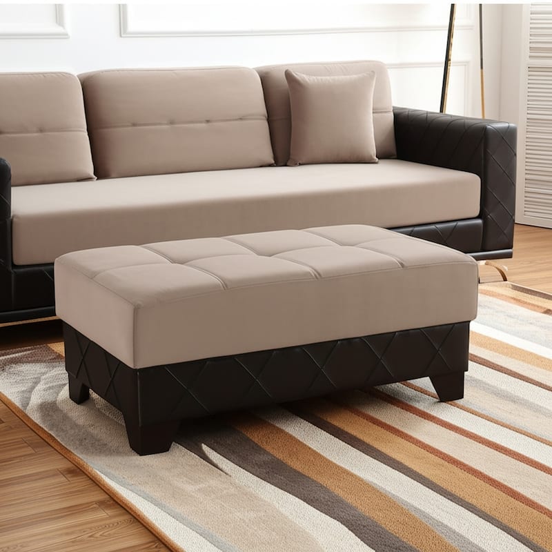 HomeRoots 48" Taupe and Espresso Faux Leather And Microfiber Tufted Storage Ottoman - Espresso/Taupe - 48' X '17' X '24