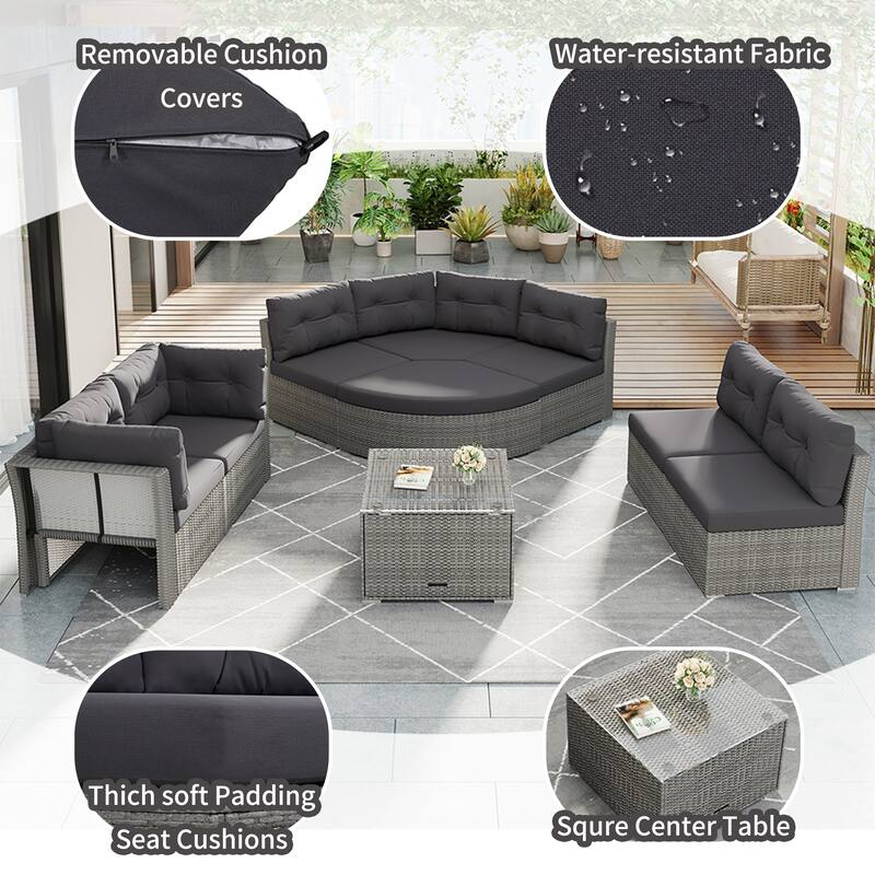 Outdoor Patio Rattan Sectional Set w/ Cushions & Table, Daybed Seating