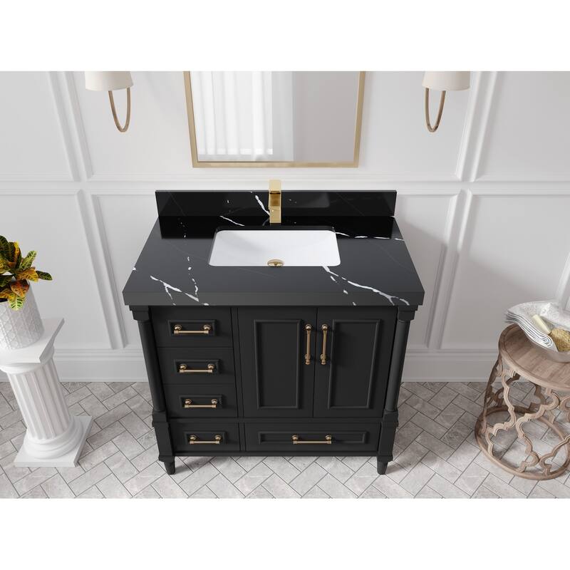 Willow Collections 36 in. W x 22 in. D Aberdeen Center Right Offset Sink Bathroom Vanity with Countertop - 2"Calacatta Black - Black