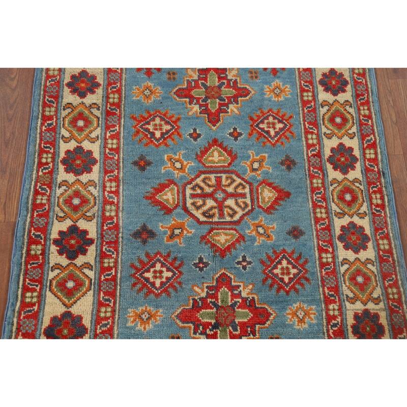 Light Blue Geometric Kazak Rug Hand-Knotted Oriental Wool Carpet - 2'8" x 3'11"