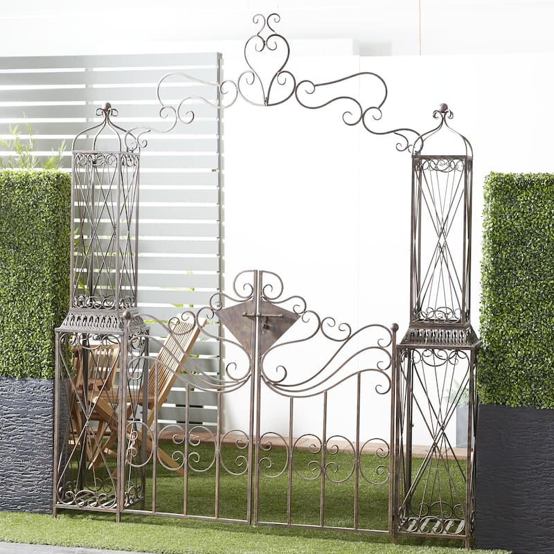 Metal Indoor Outdoor Scrollwork Arched Gate Garden Arbor with Pillars and Latch Lock Closure - Black - Roche River Decor