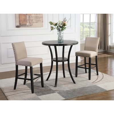 3 Pieces Round Bar Table and Chair Set, Small Dining Table for 2, Breakfast Table with Storage and 2 Fabric Nailhead Pub Chairs