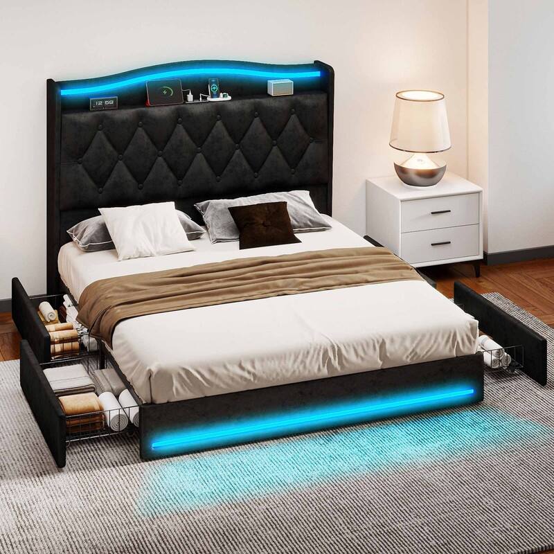 Moasis Queen Size Velvet Upholstered Bed Frame with 4 Storage Drawers & RGB Lights - Black - Queen