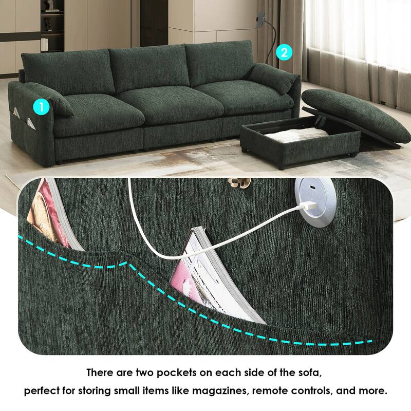 Roomfitters 96.5" L-Shaped Sectional Sofa with Storage Ottoman, Phone Holder, USB Charging, Deep Seat Chenille Couch