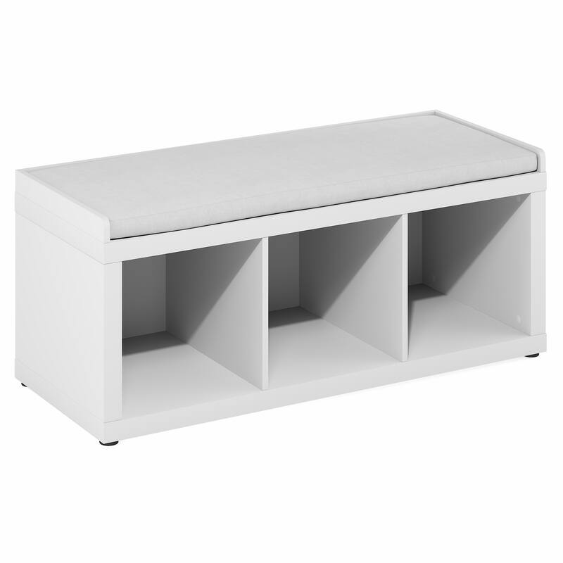 Furinno Cubicle 3-Cube Storage Bench with Comfy Cushion for Entryway, Living Room, White
