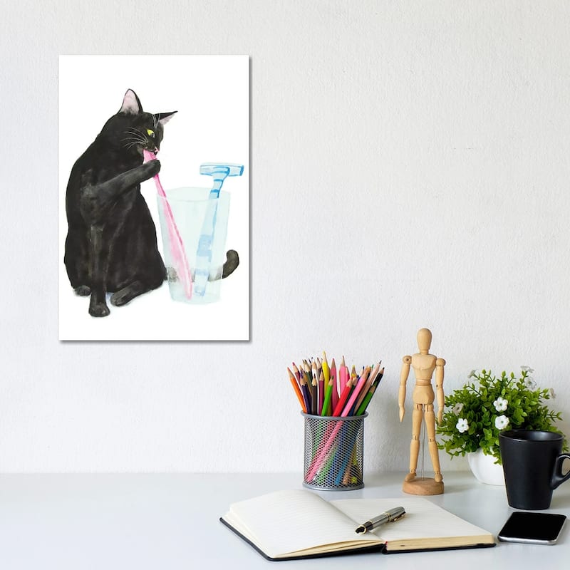 iCanvas "Black Cat Brushing Teeth" by Alexey Dmitrievich Shmyrov Canvas Print - 12x8x0.75