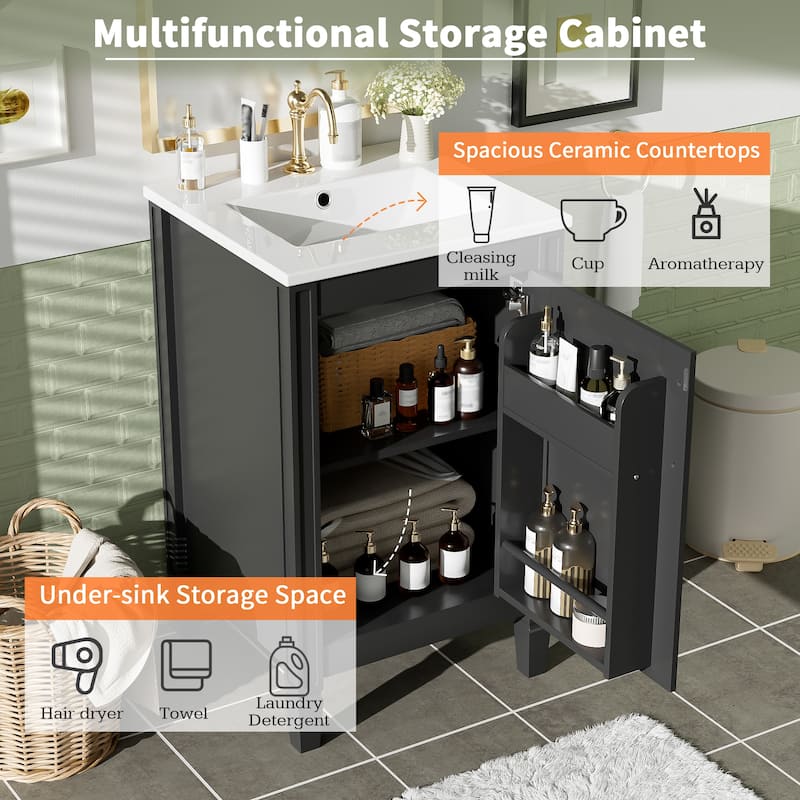 Bathroom Vanity with Ceramic Sink, Freestanding Bathroom Cabinet with Soft Close Door, Adjustable Shelf & Door Storage Rack