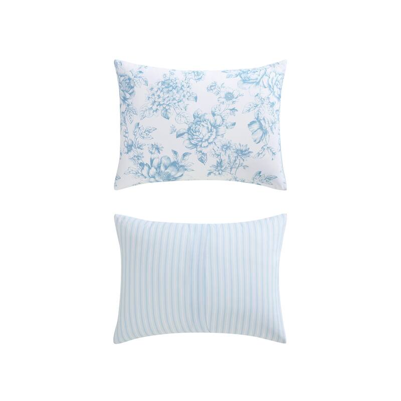 Laura Ashley Delphine Floral Reversible with Stripe Reverse Comforter Set with Sheets (Blue)