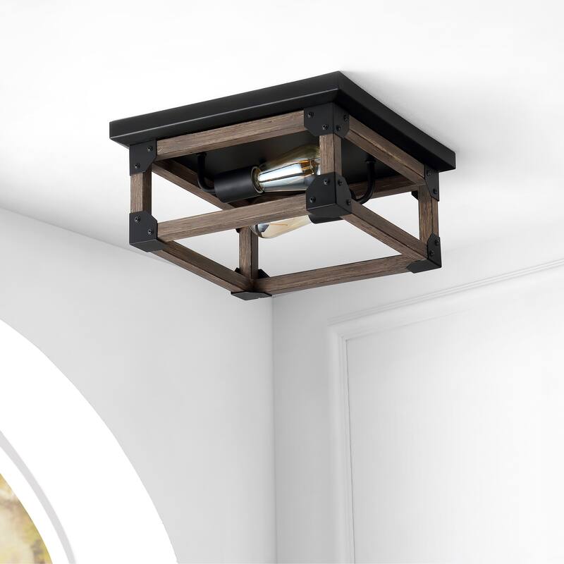 Frisco 13" 2-Light Iron Rustic Farmhouse LED Flush Mount, Brown/Black by JONATHAN Y