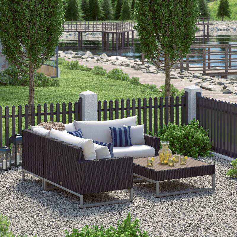 Milo Espresso 4 Piece Sunbrella Outdoor Patio Sectional with Table