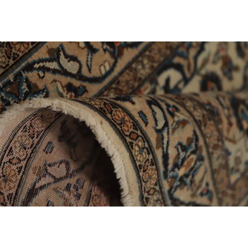 Hand Knotted Oriental 100% Wool Carpet Traditional Floral Beige & Ivories Kashan Runner Rug - 12' 8'' X 3' 3''