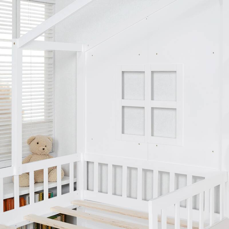 Twin House Bed with Sofa, Two Storage Drawers & Shelf, Kids Playhouse Platform Bed with Pine Wood Frame