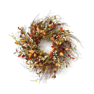 20" Thanksgiving Wreath with Twig Backing and Seasonal Fall Accents for Indoor or Outdoor Use