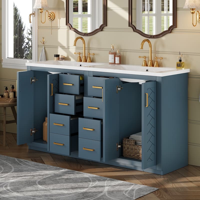 60''Vanity With Ceramic Sink Combo,Solid Wood Frame Storage Cabinet,Freestanding Vanity Set With 3 Drawers& Soft Closing Doors