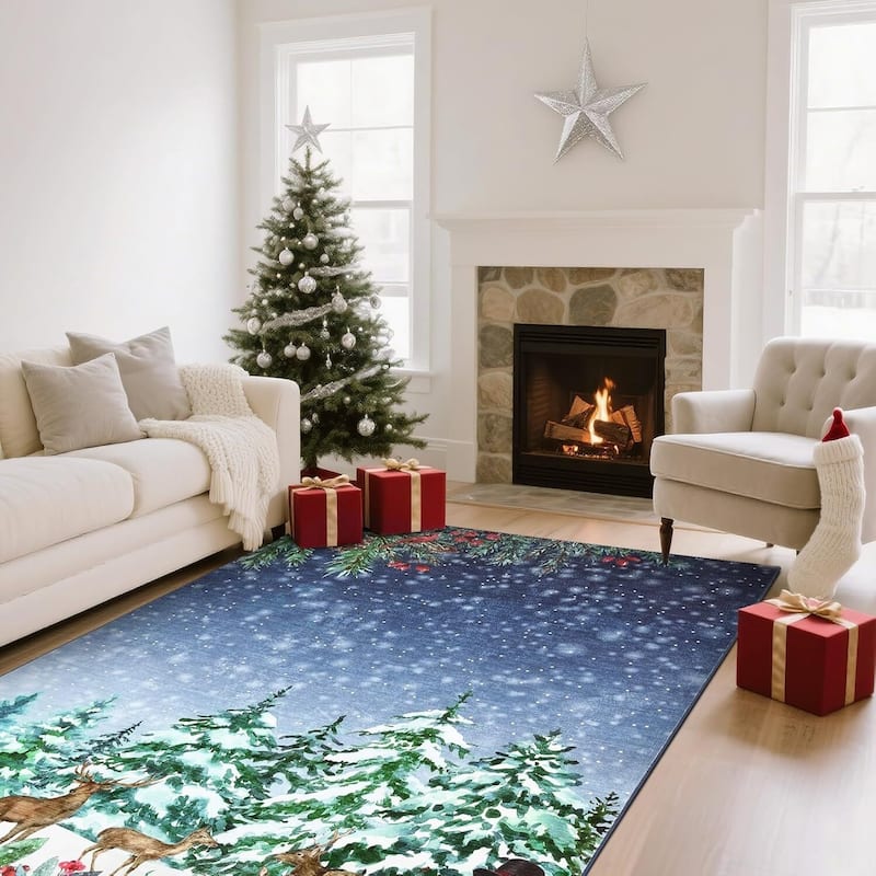 Christmas Eve Blue Xmas Area Rug, for Living Room Bedroom Office Holiday Decor - 5*7ft