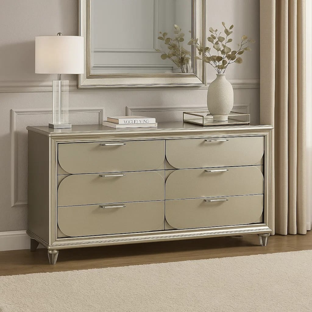 Zema 6 Drawer Wide Dresser, Silver Solid Wood with Acrylic Accents