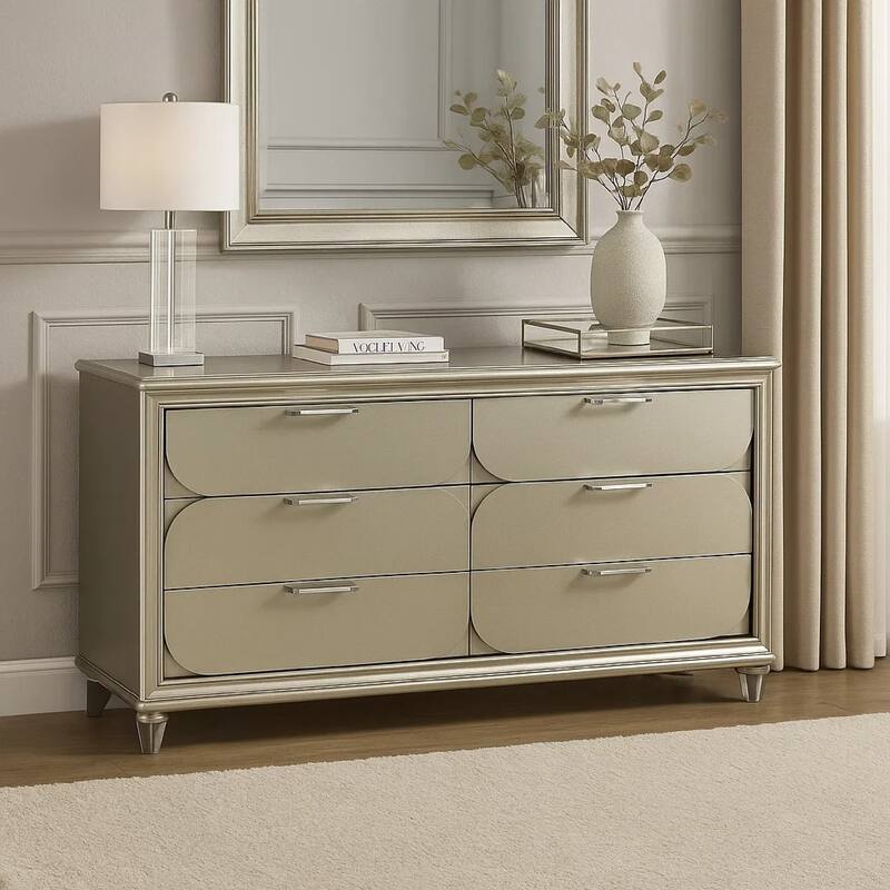 Zema 6 Drawer Wide Dresser, Silver Solid Wood with Acrylic Accents