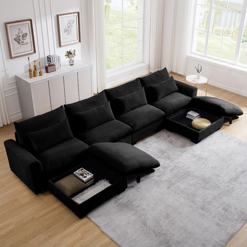 Corduroy Reversible Modular Sectional Sofa with 2 Storage Ottomans and 4 Waist Pillows