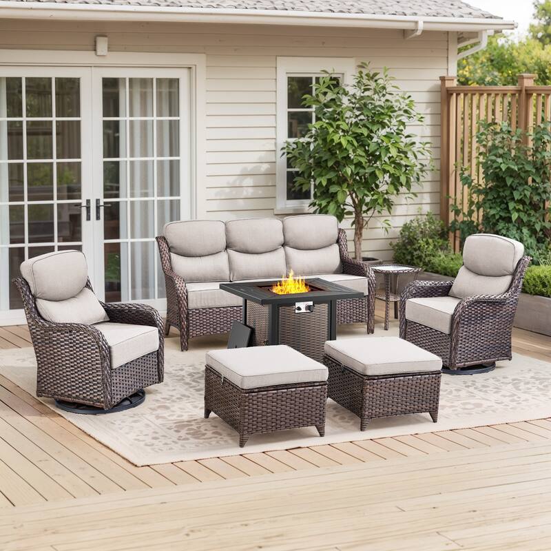 Pocassy 6/7PCS Patio Sofa Swivel Chair with 30" Fire Pit Tab;e - 7-Piece Sofa Siwvel Chair Ottoman w/ Fire Table - Beige Cushion Brown Wicker