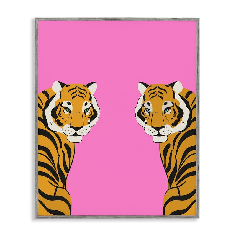 Stupell Bold Mirrored Tigers on Pink Framed Giclee Art Design By House of Lulu - 11 x 14 - Grey