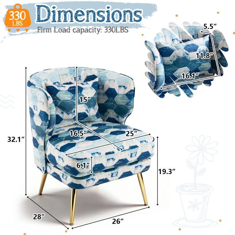 Mid Century Modern Upholstered Reading Chair with Lumbar Pillow, Gold Metal Legs, Small Space Friendly for Living Room Bedroom