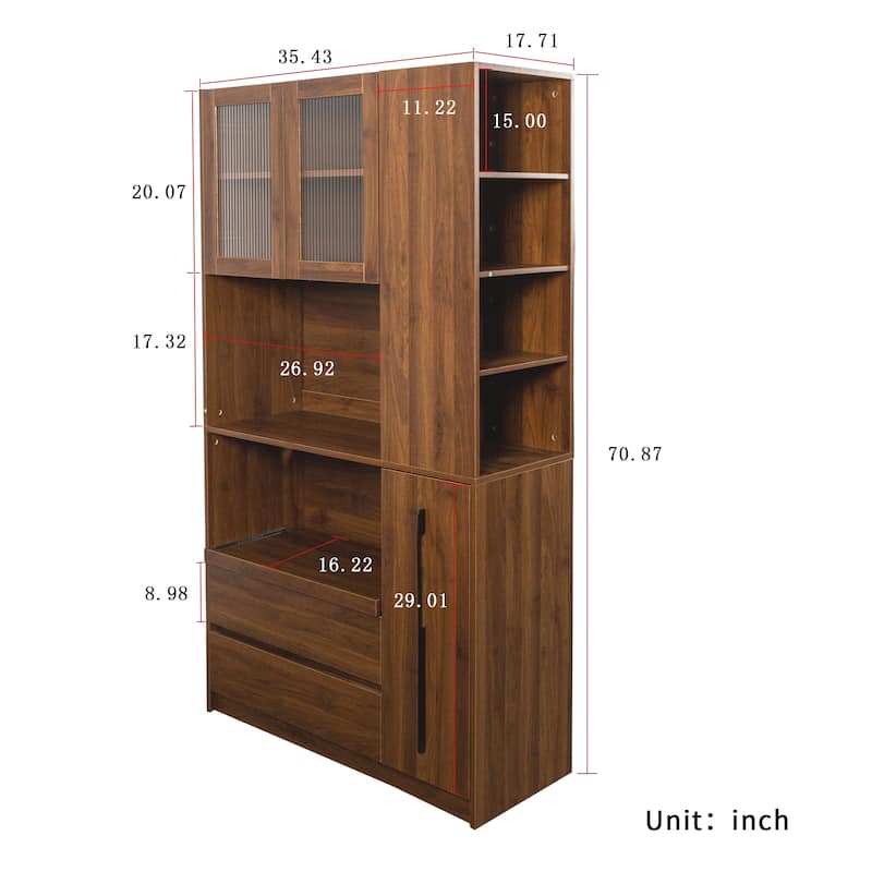 70.87" Tall Kitchen Pantry Cabinet with 4-Tier Side Shelf and 2 Drawers