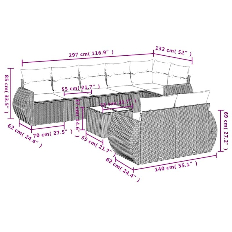 vidaXL 8 Piece Patio Sofa Set with Cushions Grey Poly Rattan - 24.4" x 24.4" x 27.2"