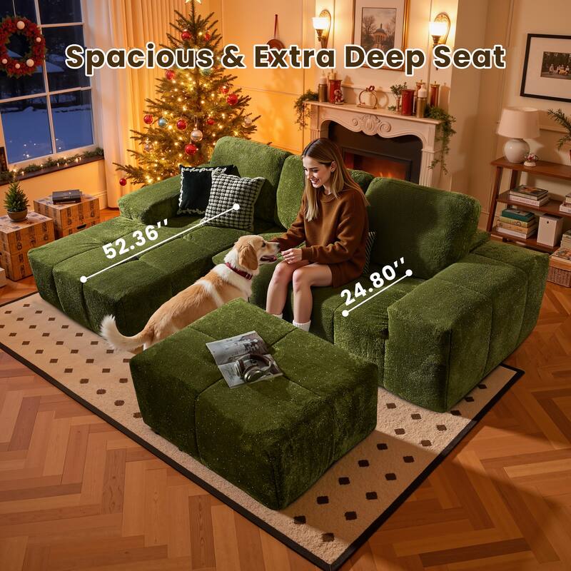 HOOOWOOO Modern Sparkly Velvet Fabric Chaise Sofa Couch with Ottoman