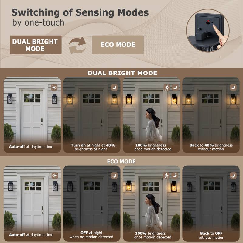 Motion Sensor Outdoor Wall Lanterns with Seeded Glass, Set of 2 - Black