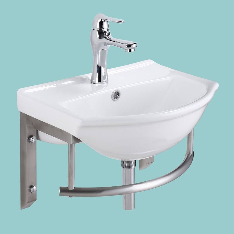 White Porcelain Wall Mounted Bathroom Sink with Faucet, Drain, Towel Bar and Overflow