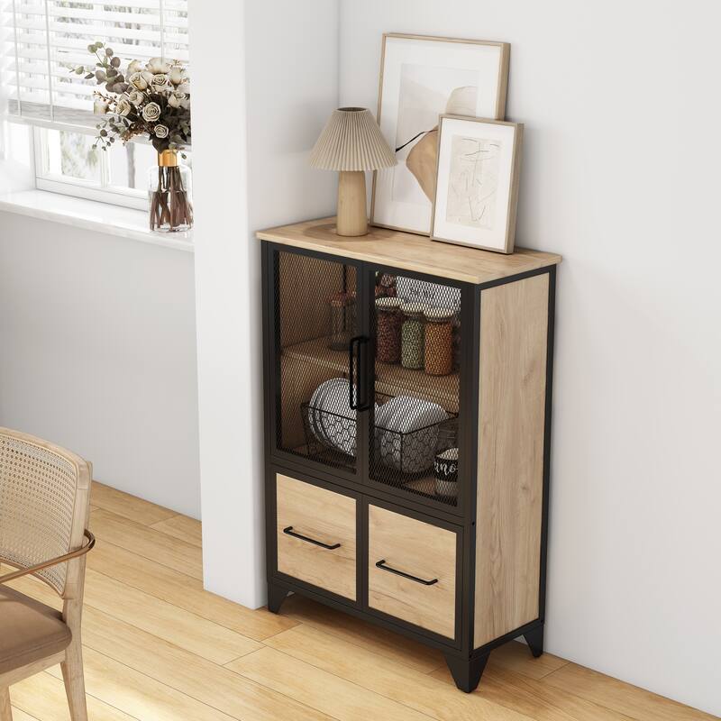 Storage Cabinet With 4 Iron Doors,Black Metal Handle,Sideboard With Adjustable Shelf,Black Sturdy Metal Frame and Metal Legs