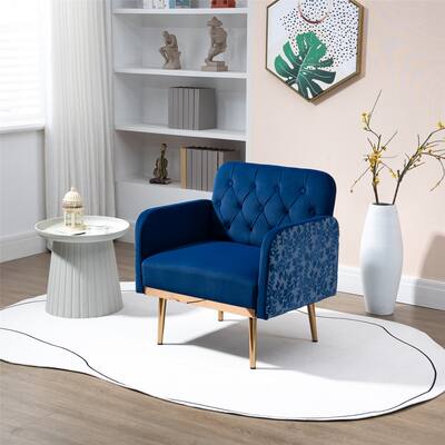Modern Accent Chair Upholstered Single Sofa Arm Chair for Living Room Leisure Armchair with Rose Golden Feet, Navy Blue