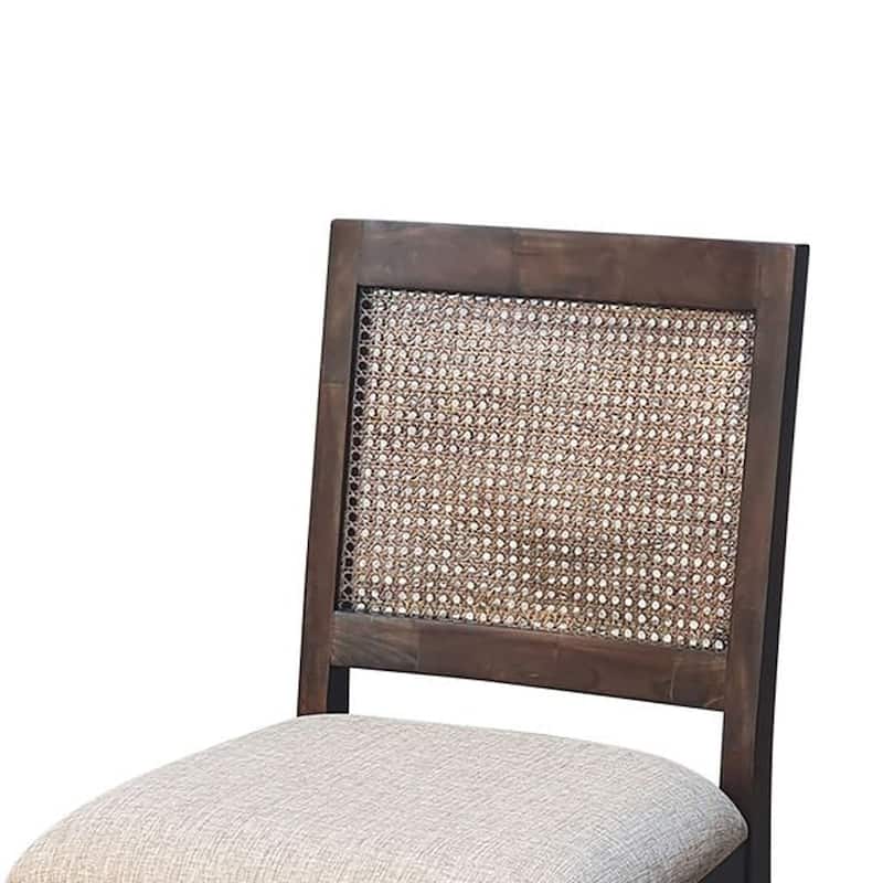 Zemi Dining Chair Set of 2, Rattan Back, Beige, Dark Brown Solid Wood
