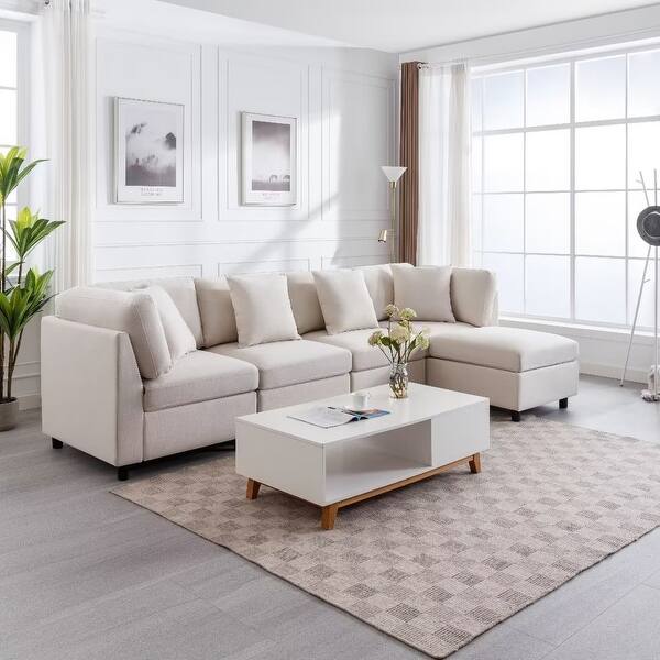 Morden Fort 4-seater Linen Modular Sectional Sofa with Ottoman - On ...