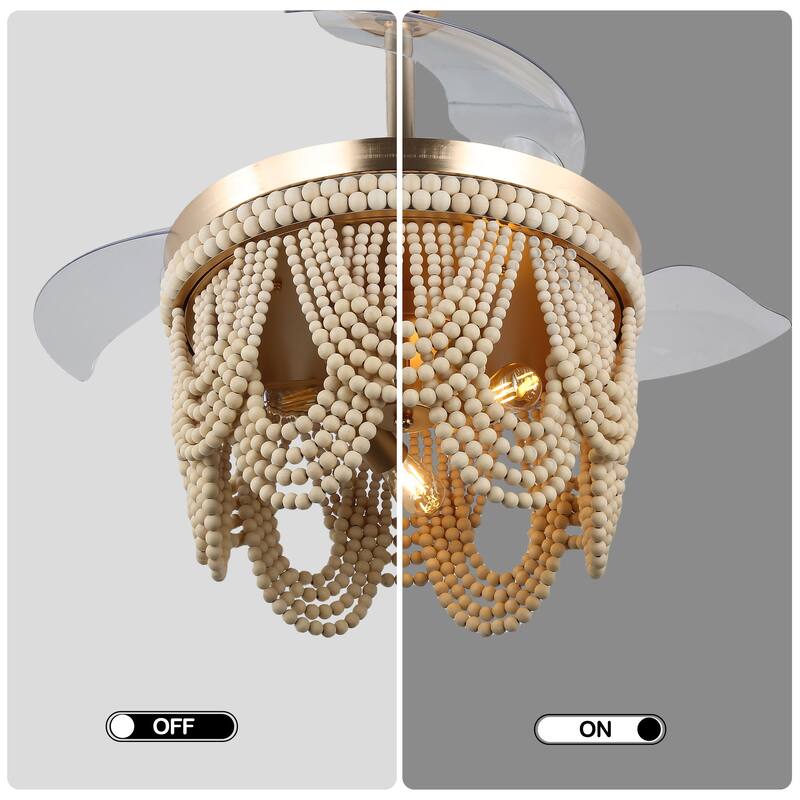 Cusp Barn 42 Inch Boho Retractable Ceiling Fan with Remote, Coastal 6 Speeds Fandelier, Farmhouse Caged Wood Beaded Ceiling Fan