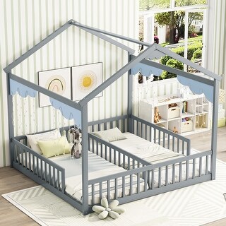Double Twin Size Floor Bed with Fence and Guardrails without Door
