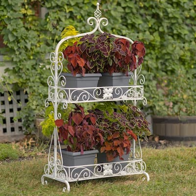Two Tier Rectangular Plant Stand with Flower Detailing in Antique White - 26" L x 14" W x 35" H