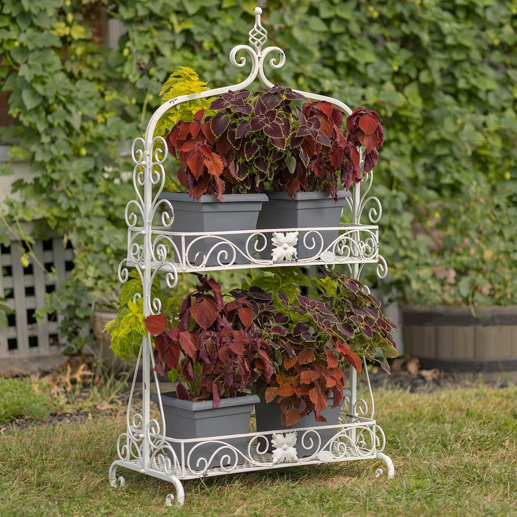Two Tier Rectangular Plant Stand with Flower Detailing in Antique White - 26" L x 14" W x 35" H