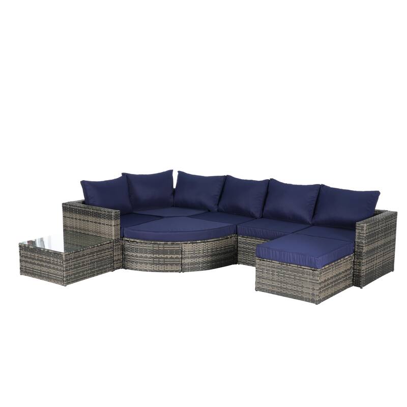 8 Pcs Outdoor Sectional L- Shaped Sofa Set, Patio Wicker Conversation Set Furniture with Curved Sofa Ottoman and Coffee Table