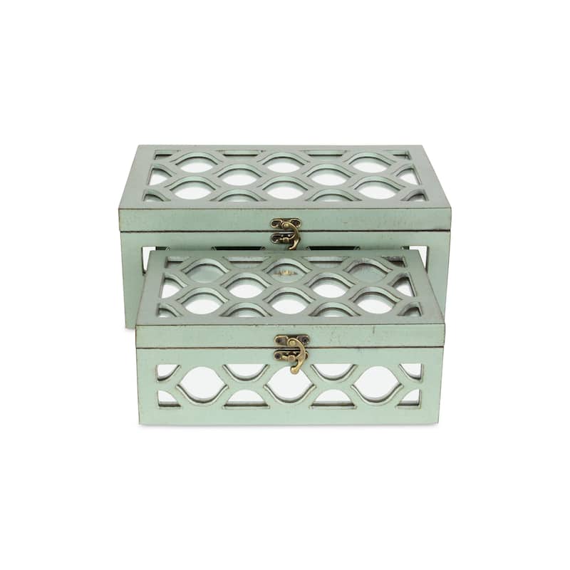 Blue Wood Moroccan Style Mirrored Storage Box (Set of 2)