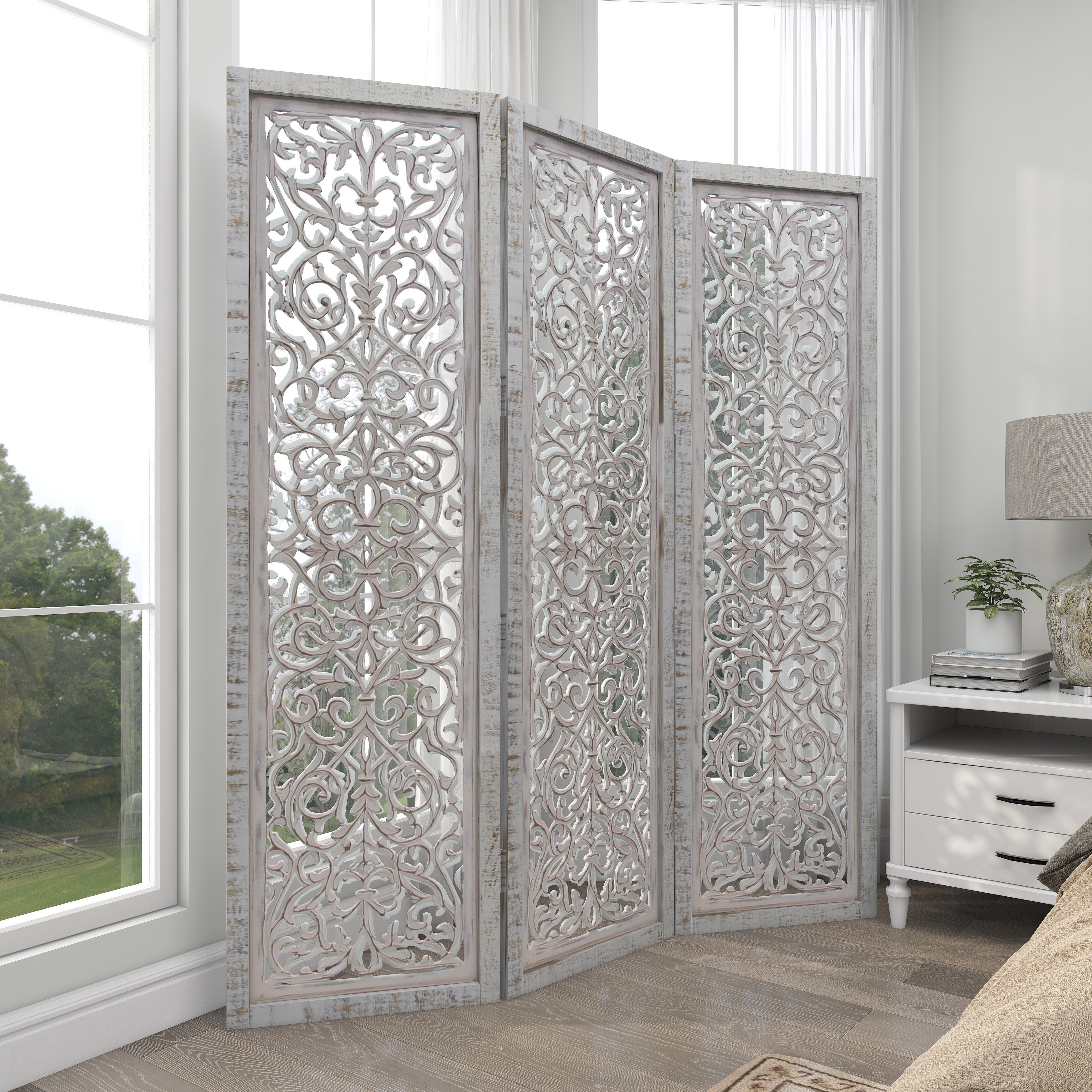 White Wooden Handmade Hinged Foldable Partition 3 Panel Floral Partition Room Divider Screen with Intricate Carved Design