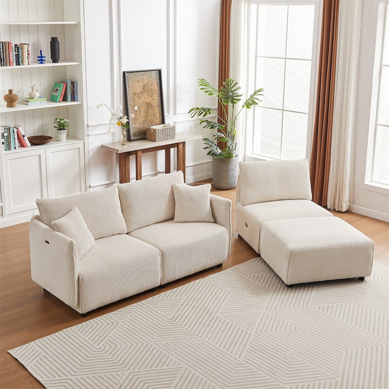 Corduroy Modular Combination Sofa with 2 Cushions and USB Ports