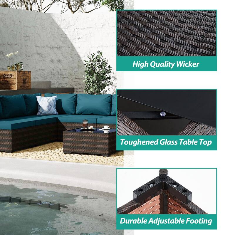 UPHA 7-piece Outdoor Rattan Wicker Patio Furniture Conversation Set with Coffee Table and Cushions