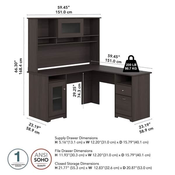dimension image slide 5 of 10, Cabot 60W L-Shaped Desk with Hutch and Storage by Bush Furniture