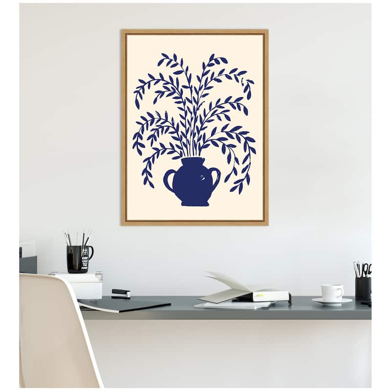 Kate and Laurel Blue Botanical Vase Aurelia 009 by Vicky Yorke Framed Canvas Wall Art Print