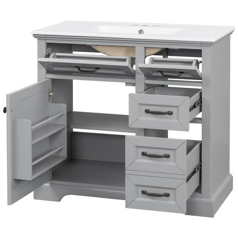 Roomfitters 36" Bathroom Vanity with Ceramic Sink, 2 Tip-out Drawers and Smart Storage Organizer