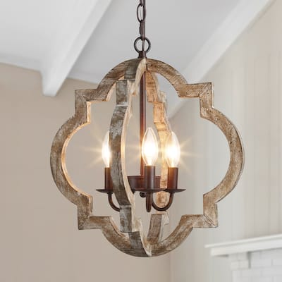 Modern Farmhouse 3/4-Light Wood Lantern Chandelier for Dining Room Foyer