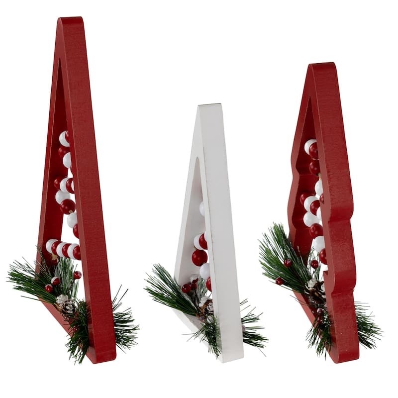 3 Red White Beaded Christmas Trees Wooden Table Decorations 11.75"